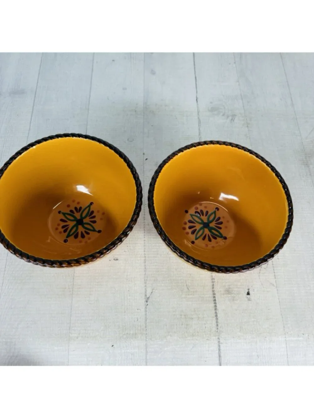 Celebrating Home TUSCAN Orange Yellow Stoneware Footed Soup Cereal Bowls Set 2